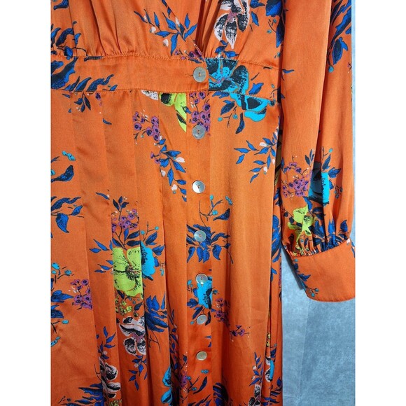 Free People Maxi Dress Sz L Orange Floral Wrap Bodice Side Button Front Boho - Picture 7 of 12